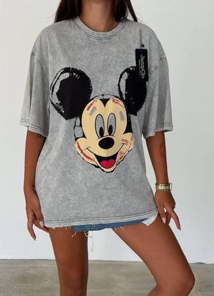 Рваная женская футболка тай-дай варенка с микки, серая футболка овесрайз 42/48