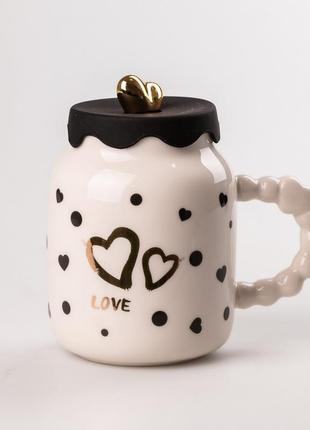 Кухоль керамічний creative show ceramic cup 400мл з кришкою чашка з кришкою біла в чорний горошок