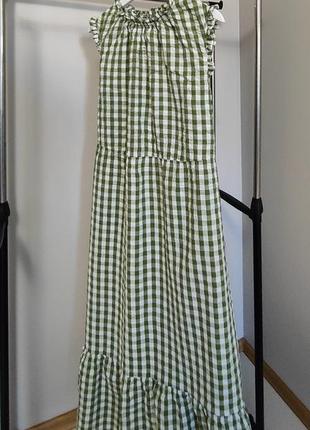 Многоярусное платье с принтом в мелкую клетку зеленое3 фото