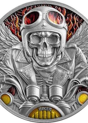 Серебряная монета байкер memento mori 1 унция в античном стиле 5 седи республика гана 2024