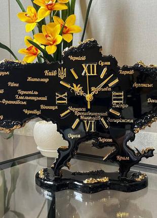 Годинник з епоксидної смоли на підставці "карта україни" 40x27 см