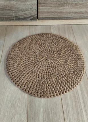 Маленький круглий джутовий килимок. двосторонній в'язаний килим. килим ручної роботи. підстилка для домашніх тварин .3 фото
