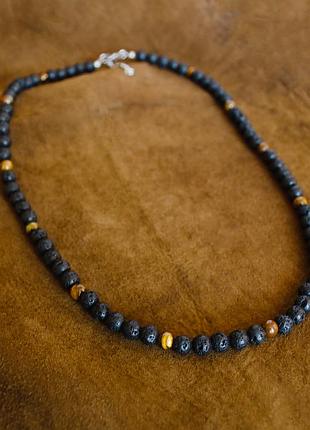 Мужской чокер ( бусы) из натуральных камней - тигровый глаз и вулканическая лава