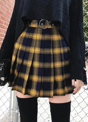 Спідниця міні в клітку тенісна плісована жовта чорна коротка xs