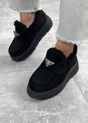 Черные женские зимние лоферы туфли зимние ботинки ботинки женские утепленные лоферы туфли