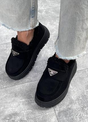 Черные женские зимние лоферы туфли зимние ботинки ботинки женские утепленные лоферы туфли