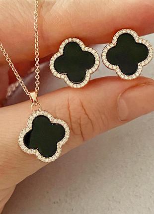 Позолоченный набор в стиле ван клиф, van cleef, клевер: позолоченная цепочка и серьги, позолота