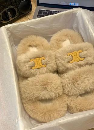 Пухнасті плюшеві м'які капці celine , шльопанці пухнасті, тапулі, папки, капці селін
