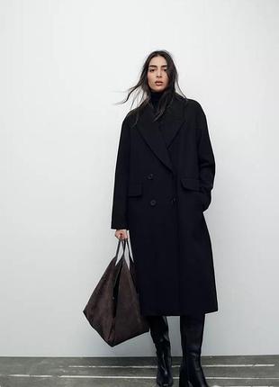 Двубортное пальто черное шерстяное оверсайз zara new