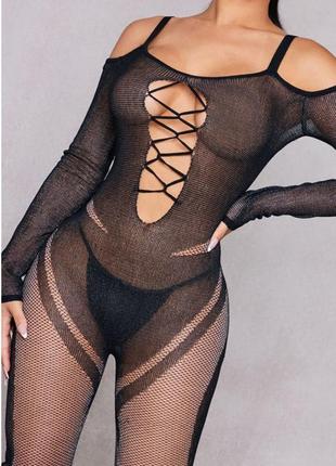 Prettylittlething маленький чорний трикотажний прозорий комбінезон