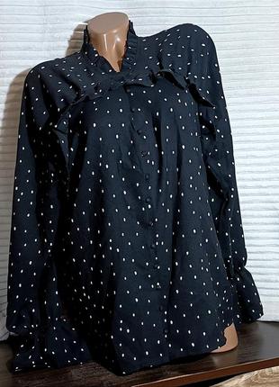 Блуза рубашка плюс сайз в горошек черная классическая, кофточка женская на пуговицах