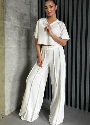 Костюм спортивный петля не скатывается топ штаны палаццо молочный
