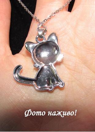 Підвіска сріблястий кулон на ланцюгу в стразах кошеня, кішка, 1098444 фото