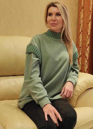 Світшот теплий з хендмейд дов’язами оливковий