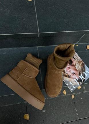 Женские стильные угги с вязкой рыжего цвета на утолщенной подошве натуральная замша