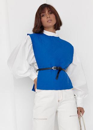 Блуза с объемными рукавами с накидкой и поясом elisa - синий цвет, l (есть размеры)