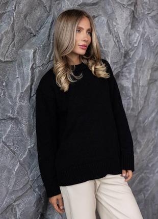 Женский черный длинный свитер без горла без воротника прямой оверсайз свободный вязаный шерстяной акриловый из шерсти и акрила однотонный