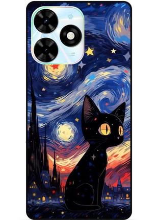 Силіконовий бампер чохол для tecno spark 20 pro з малюнком котик зіркова ніч ван гог