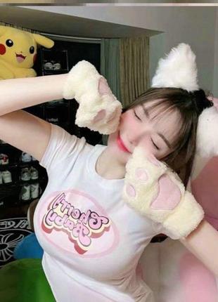 Перчатки митенки кошачьи лапки перчатки без пальцев лапы кошки милые теплые плюшевые мягкие варежки детские