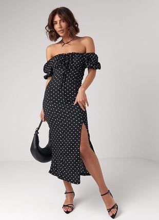 Летнее платье в горошек с открытыми плечами цвет черный размер m fl_001562