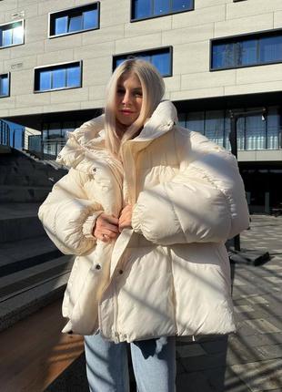 Женский зимний дутый пуховик оверсайз с лебяжим пухом пудрового цвета