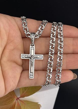 Срібний хрест і ланцюжок цепочка бісмарк 55 см