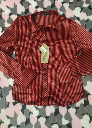 Атласная рубашка бордовая в полоску р.42