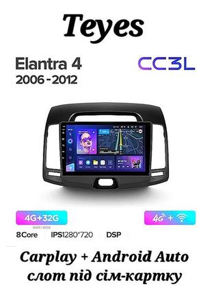 Магнитола teyes cc3l hyundai elantra 2006-2012, 4/32, 8 ядер, carplay, слот под сим-карту + рамка!