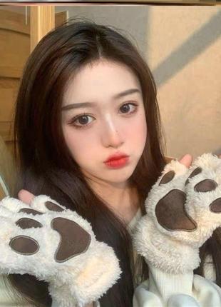 Перчатки митенки кошачьи лапки перчатки без пальцев лапы кошки милые теплые плюшевые мягкие варежки детские