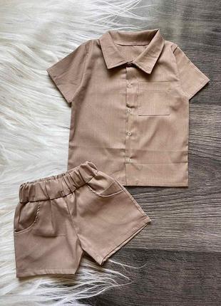 Стильний літній костюм з льону для хлопчика в трьох кольорах 98-122 розміри , сорочка+шорти