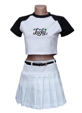 Літній костюм футболка з юбкою для дівчинки підлітка комплект юбка теніска спідниця в складку з футболкою2 фото