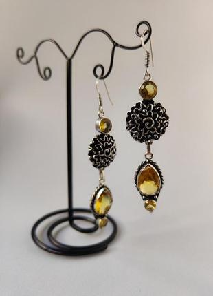 Сережки натуральний  цитрин в сріблі. цитрин крапля коло. довгі сережки з натуральним каменем. індія.
