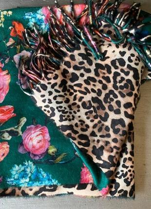 Бесподобный двухсторонний палантин, шаль леопардовый принт+бирюзовый цветочный...