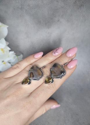 Сережки натуральний агат в сріблі та цитрин крапля. натуральний агат трикутник. індія.