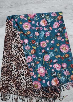 Бесподобный двухсторонний палантин, шаль леопардовый принт+бирюзовый цветочный...