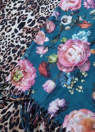 Бесподобный двухсторонний палантин, шаль леопардовый принт+бирюзовый цветочный...