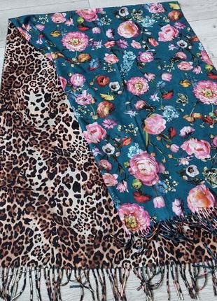 Бесподобный двухсторонний палантин, шаль леопардовый принт+бирюзовый цветочный...