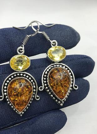 Цитрин и янтарь серьги с янтарем и цитрином серьги с камнем цитрин в серебре индия