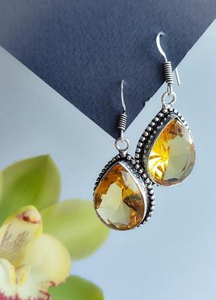 Сережки натуральний  цитрин в сріблі. цитрин крапля . мініатюрні сережки з натуральним каменем. індія.