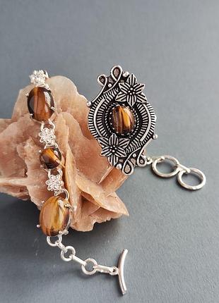 Браслет натуральне тигрове око в сріблі. браслет з натурального тигрового ока. індія.