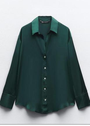 Нова.сорочка з сатину під атлас шовк zara flowing satin shirt bottle green оригінал зі свіжих колекц