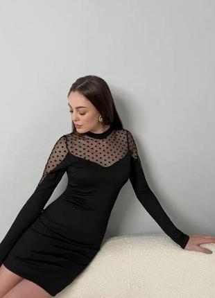 Чорне маленьке плаття з сіточкою з довгими плечами коротка сукня на свято новий рік2 фото
