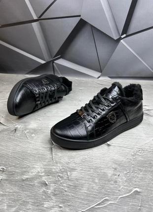 Зимние мужские кеды на меху натуральная кожа под питон черного цвета 114