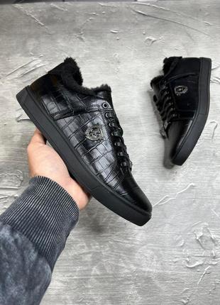 Зимние мужские кеды на меху натуральная кожа под питон черного цвета 114