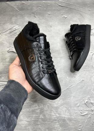 Зимние мужские кеды на меху натуральная кожа под питон черного цвета 114