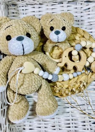 Іграшка ручної роботи ведмедик , ведмедик  з плюшу , іменна іграшка з метрикою, в’язаний ведмедик, подарунковий набір