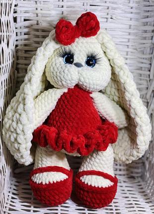 Игрушка ручной работы зайка,зайчик из плюша, именноя игрушка с метрикой, вязаная игрушка, вязаная игрушка