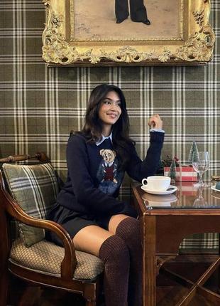 Женский свитер ralph lauren с мишкой, настого синего цвета