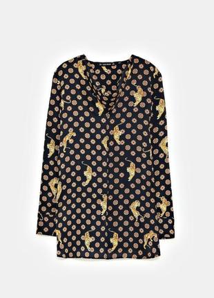 Брендовая атласная удлиненная блуза zara принт тигр марокко