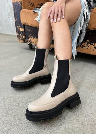 Челси женские кожаные зимние, ботинки без застежки, бежевые с черными вставками